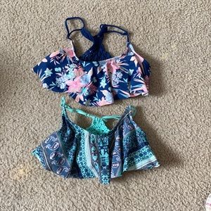 2 ruffle and patterned bikini tops